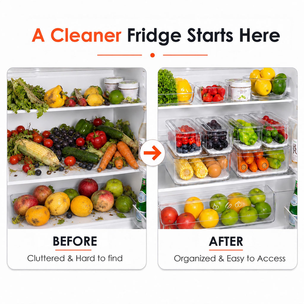 10 Pack Clear Fridge Organizer Bins with Drain Trays - Stackable
