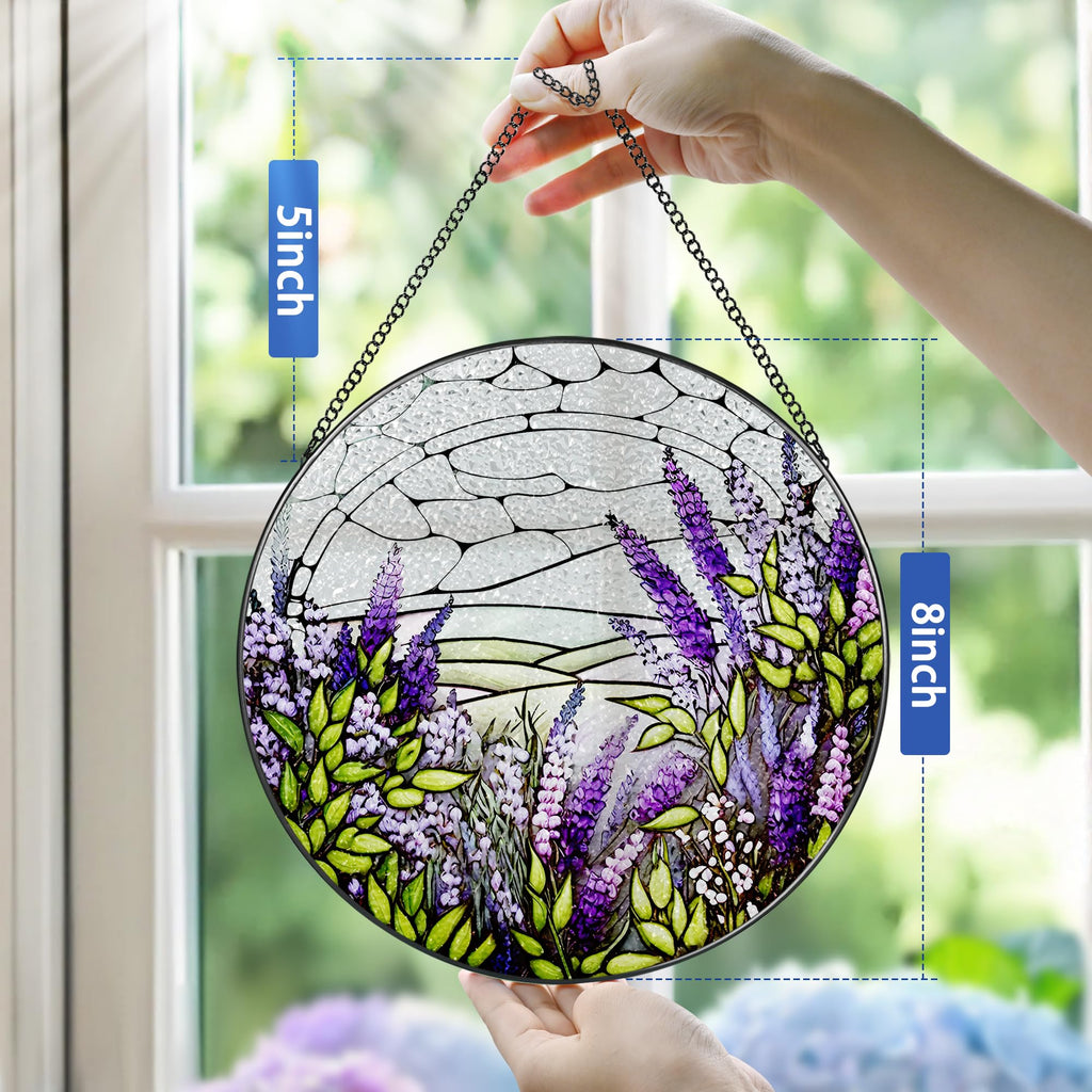 Lavender Flower Stained Glass Suncatcher, Stained Glass Window Hanging, 8 Inch Green Plants Suncatcher Decor for