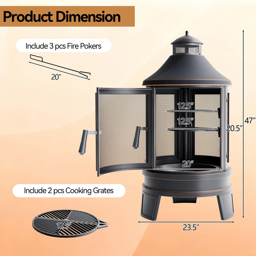 Metal Outdoor Fire Pit for Outside Wood Burning, 24 Inch Chiminea Outdoor Fireplace with Adjustable Grill Tray, Spark