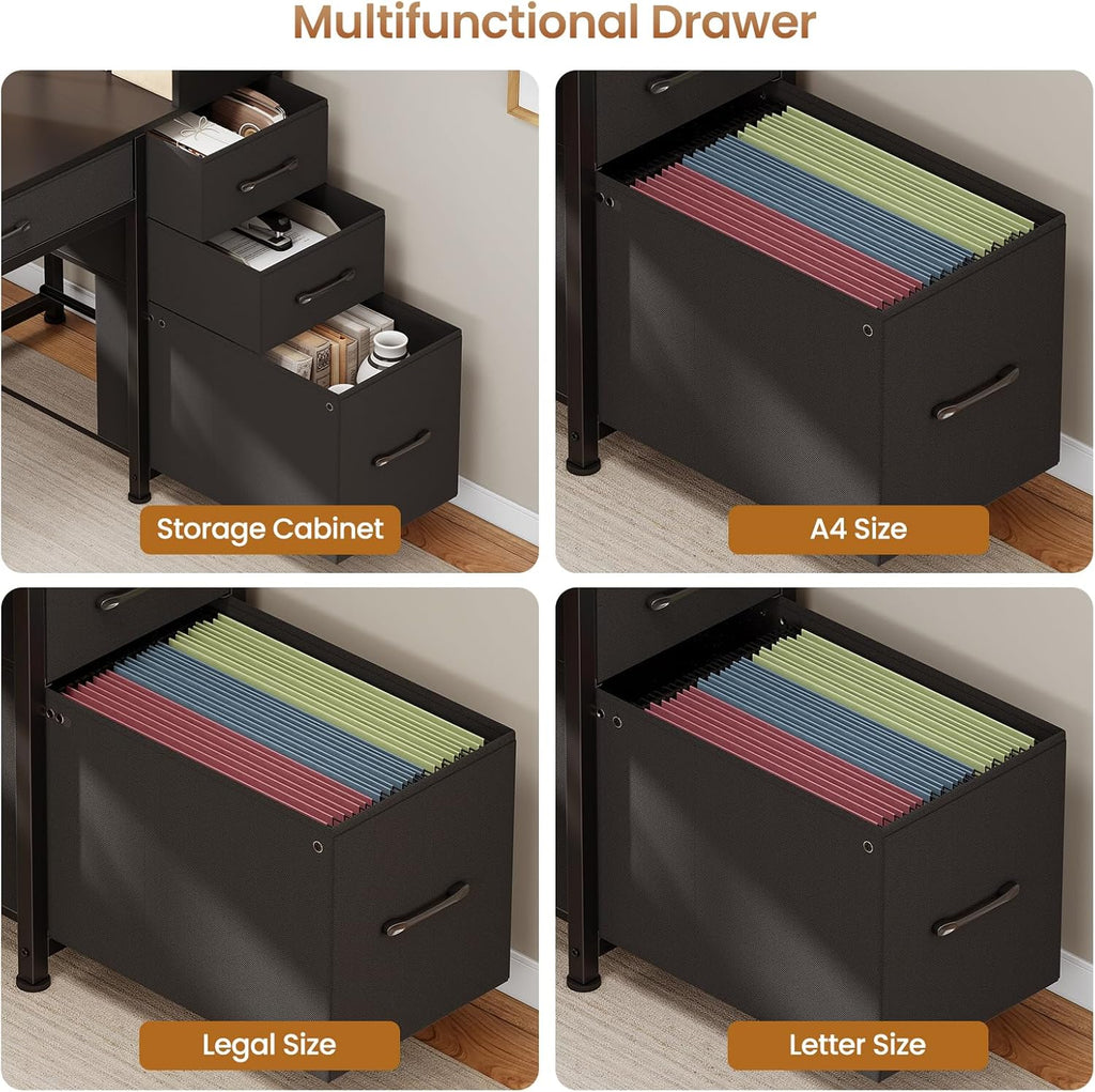 Computer Gaming Desk with 5 Drawers and Bookshelf, Reversible Home Office Desk with Storage Shelves and File Drawer