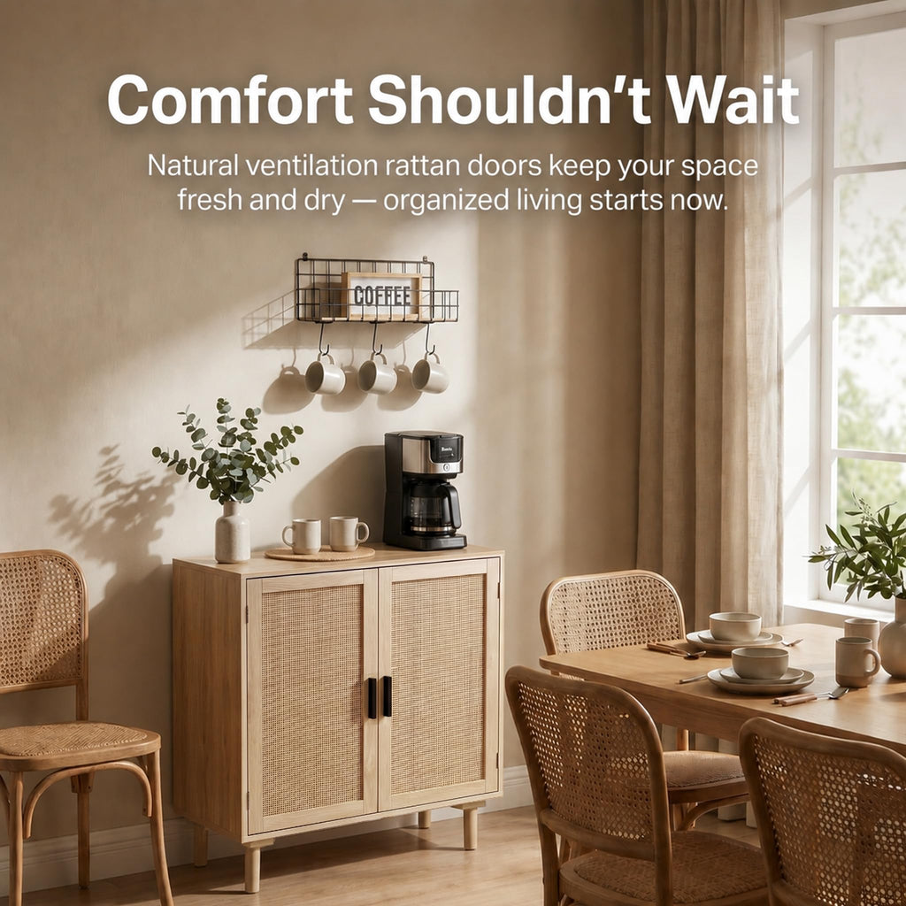 Sideboard Buffet Cabinet, Kitchen Storage Sideboard with Rattan Decorated Doors, Liquor Coffee Buffet, Dining Room
