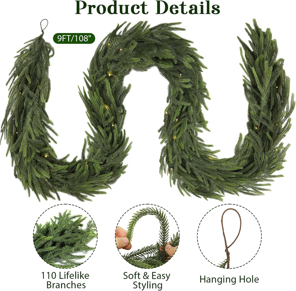 9FT Soft Touch Artificial Norfolk Pine Christmas Garland with Timer Lights