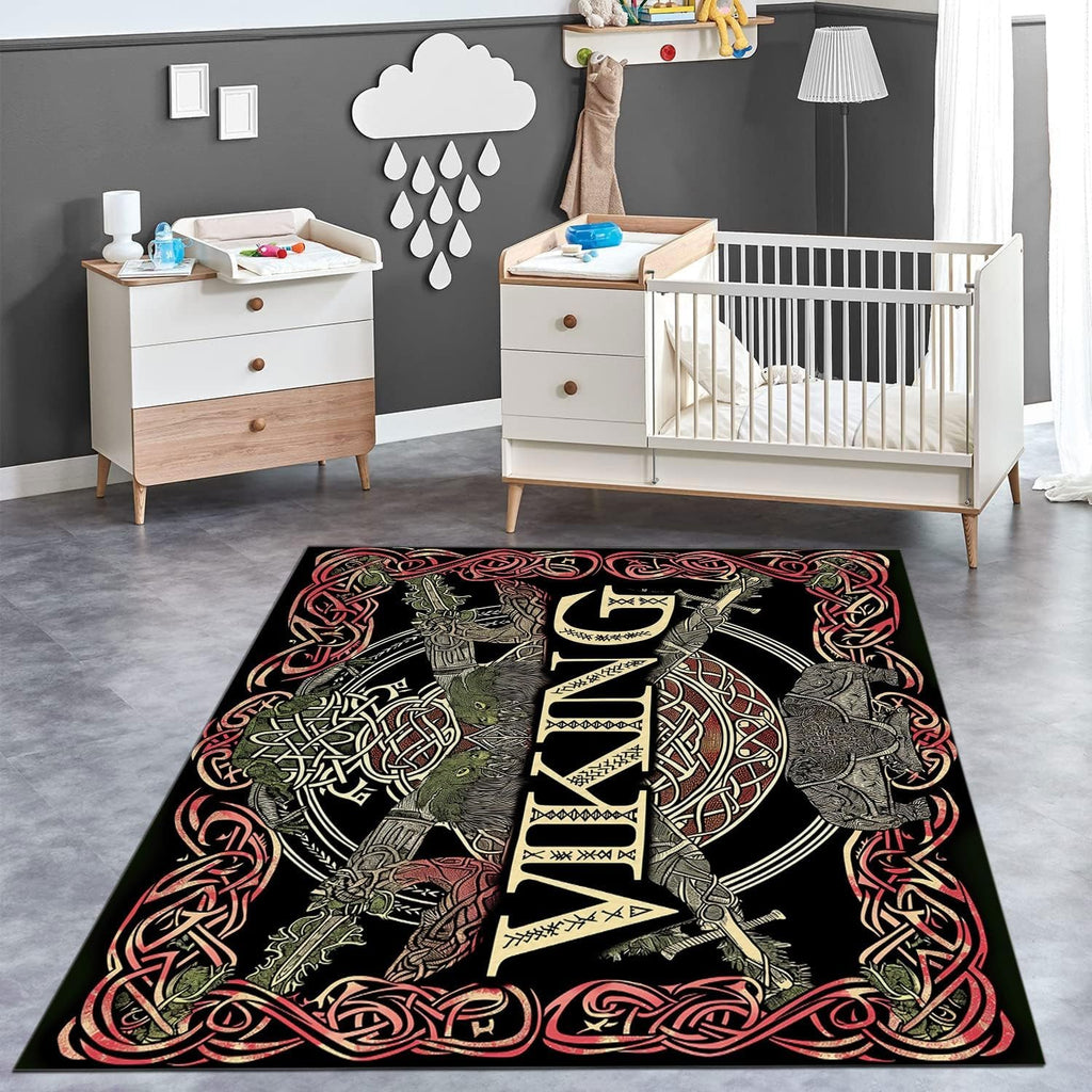 Traditional Nordic Viking Symbols Area Rug Living Room Bedroom Rugs Washable Carpet, Soft Fluffy Runner, Non
