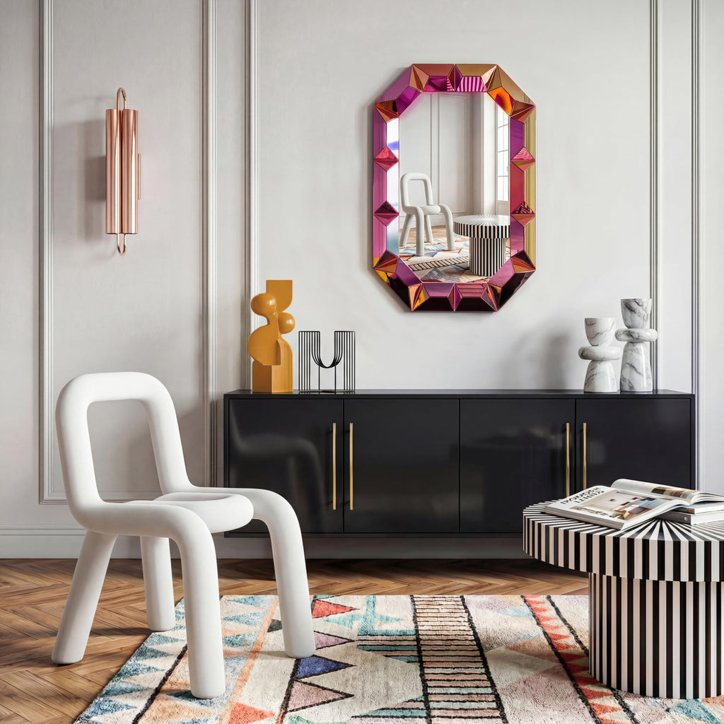 Modern Wall Mirror, 39" Decorative Accent Wall Mirror with Neon Finish, Geometric Iridescent Mirror, or Living Room