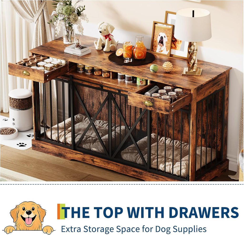 Dog Crate Furniture with Removable Divider, 3-in-1 Wooden Dog Kennel Furniture for 2 Dogs with Sliding Barn Door