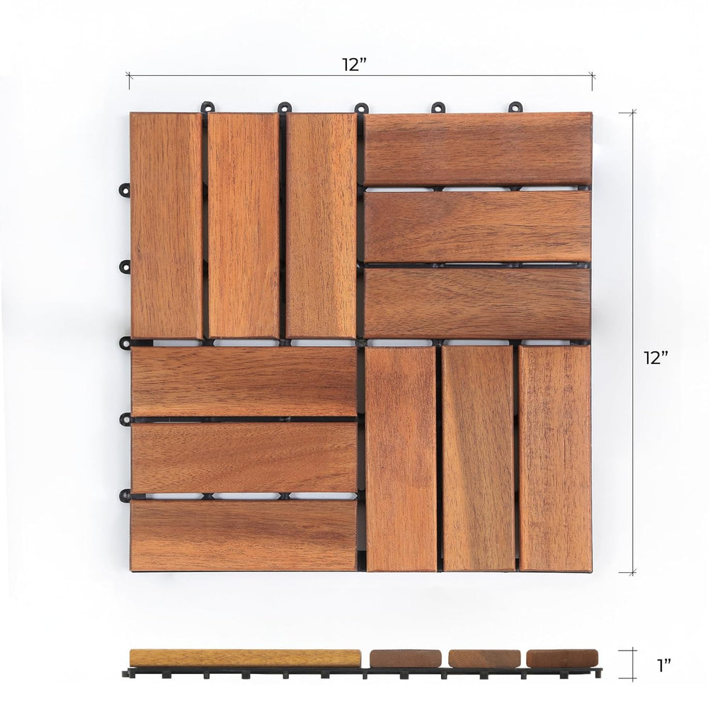 Pack of 9 Deck Tiles for Balcony, Poolside, Outdoor Area - Solid Acacia Waterproof Interlocking Deck Tiles