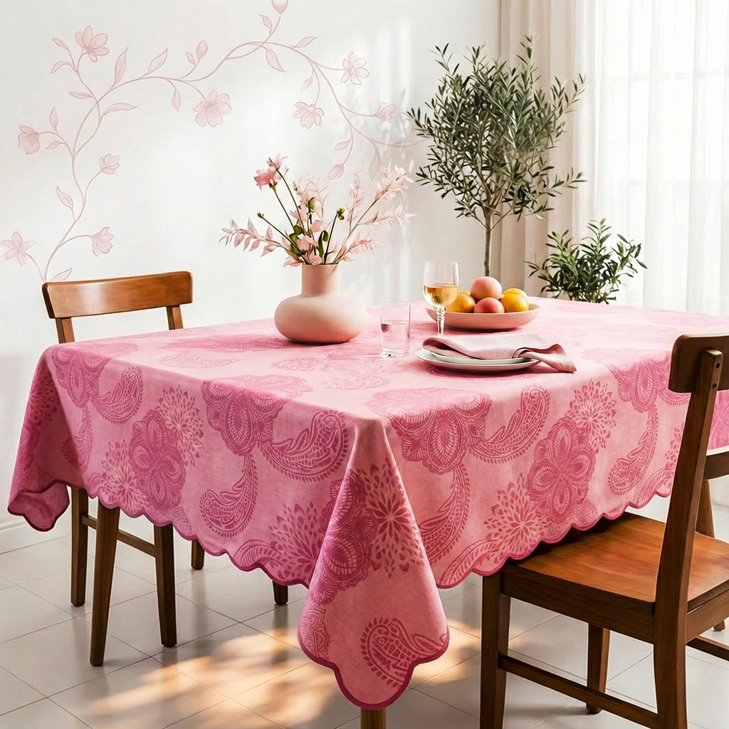 Cotton Damask Print Tablecloth with Scalloped Edge, Machine Washable, Onion Pink, 60 x 90 Inch Rectangle