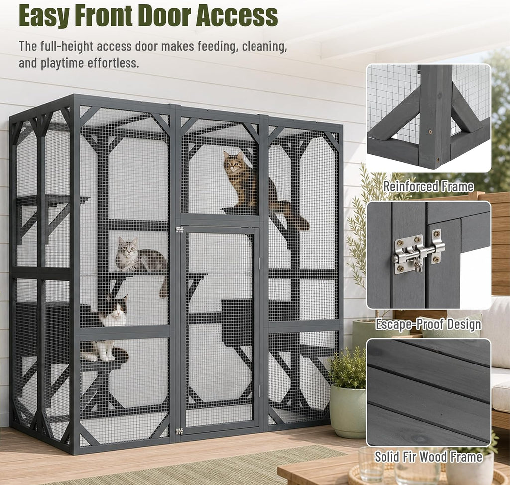 71" H Catio Outdoor Cat Enclosure Large Walk in Wooden Outdoor Catio Grey