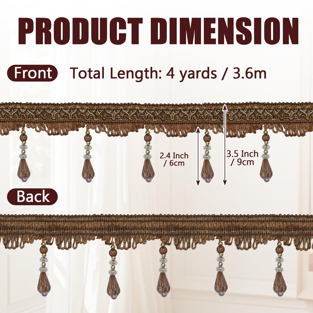 Coffee Brown Beaded Fringe Trim, 4 Yard, 3.5 Inch Wide