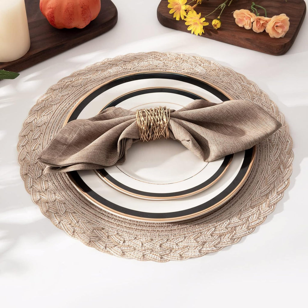 Round Placemats Boho Braided Border 15 inch Circle Place Mats Washable Fabric Table Mats Dining Table, Beige - Set of 4