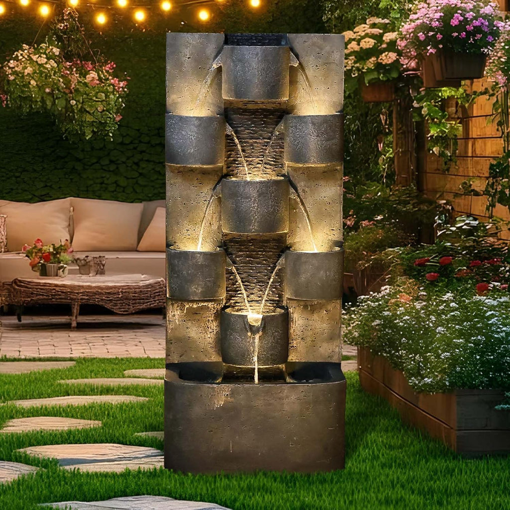 44.8" H Modern Outdoor Water Fountain with LED Lights and Pump, Mutiply-Tier Standing Cascading Waterfall
