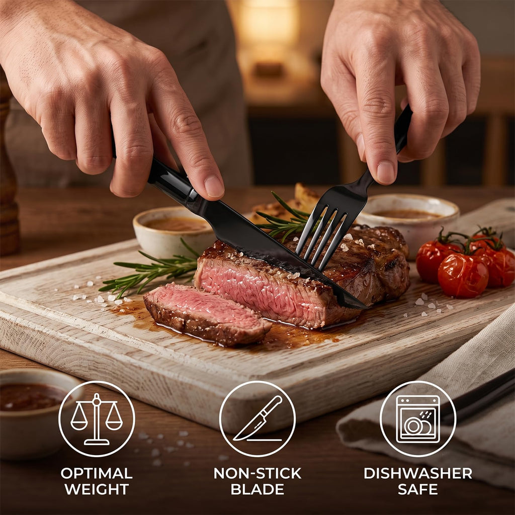 Black steak knives Ultra-Sharp Cutlery Set, Dinner Knives 6-Piece Stainless Steel kitchen Serrated Best chef Knife.