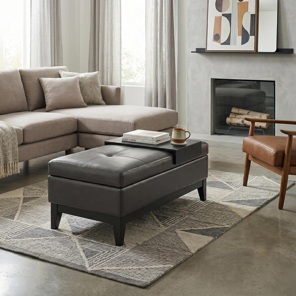 Rebecca 36" Wide Vegan Leather Storage Ottoman in Saddle Brown | Modern/contemporary tufted ottoman with tray and