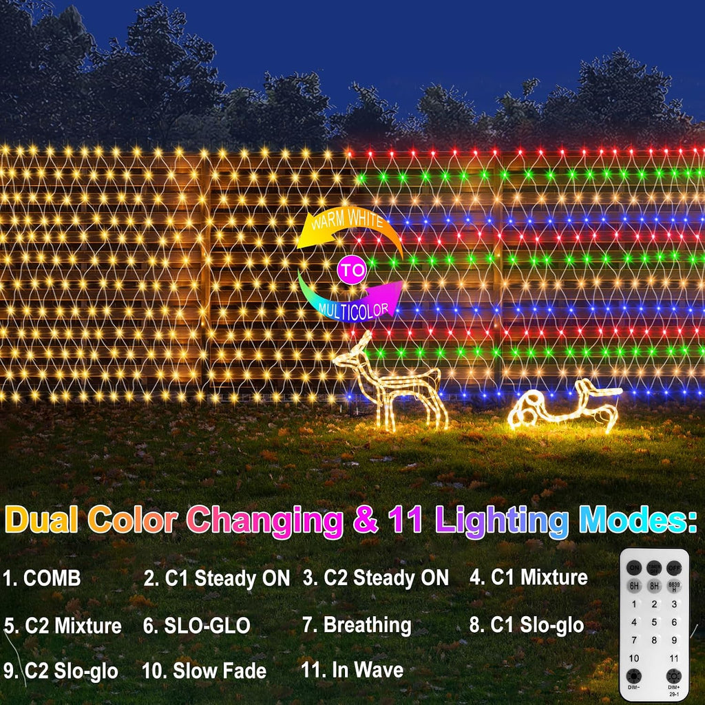 Dual Color Changing Net Lights 20x6.6ft Christmas Lights with Remote Timer