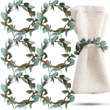 Eucalyptus Napkin Rings Rustic Farmhouse Greenery Leaf Napkin Ring Holders for Wedding, Thanksgiving, Christmas - Set of 6