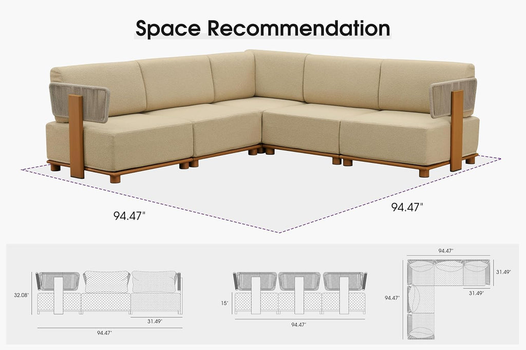 Patio Furniture Set Modular L-Shaped 5 PCS Sectional Sofa | Modular pieces fit your space, 11-in 36D cushions add
