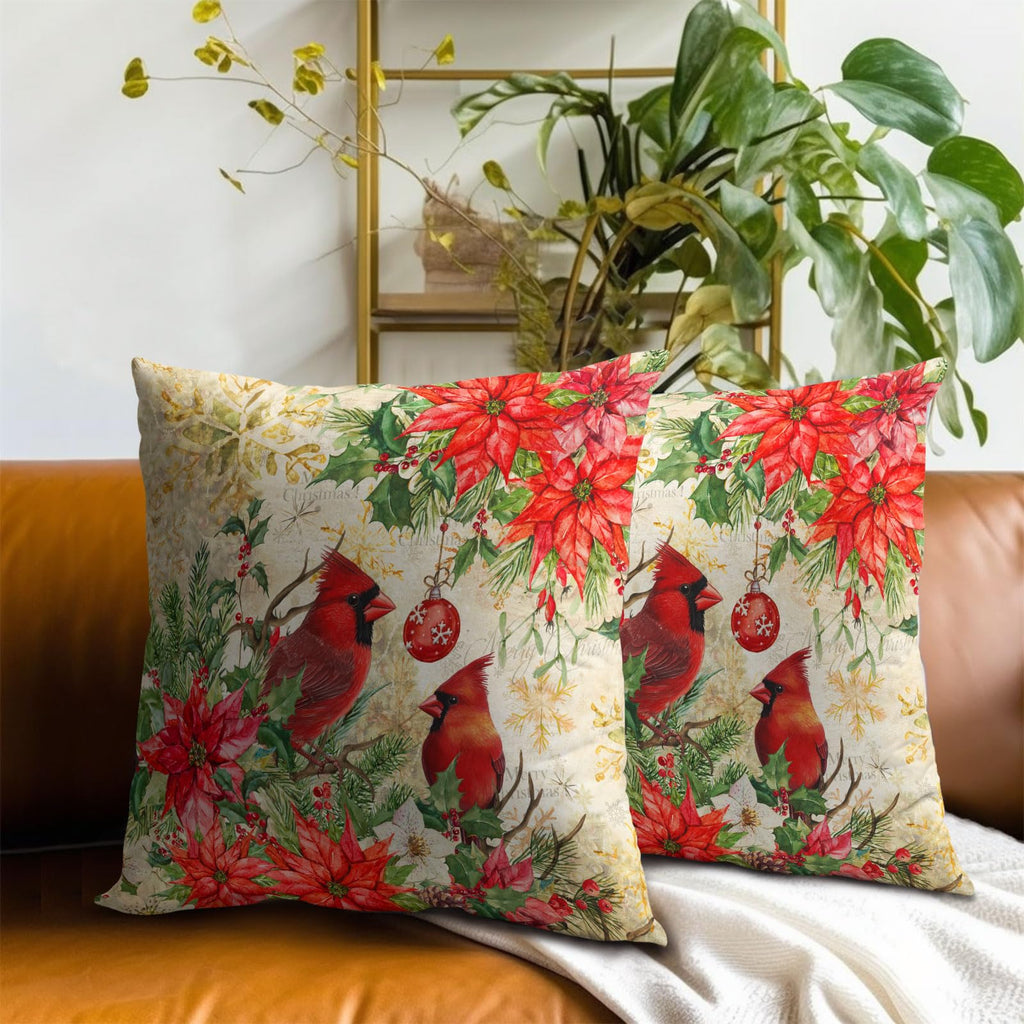 Xmas Bird Winter Holly Pillow Covers 16 x 16 Inch Red Poinsettias Berry Pine Cone Square Seasonal Decorative Pillow