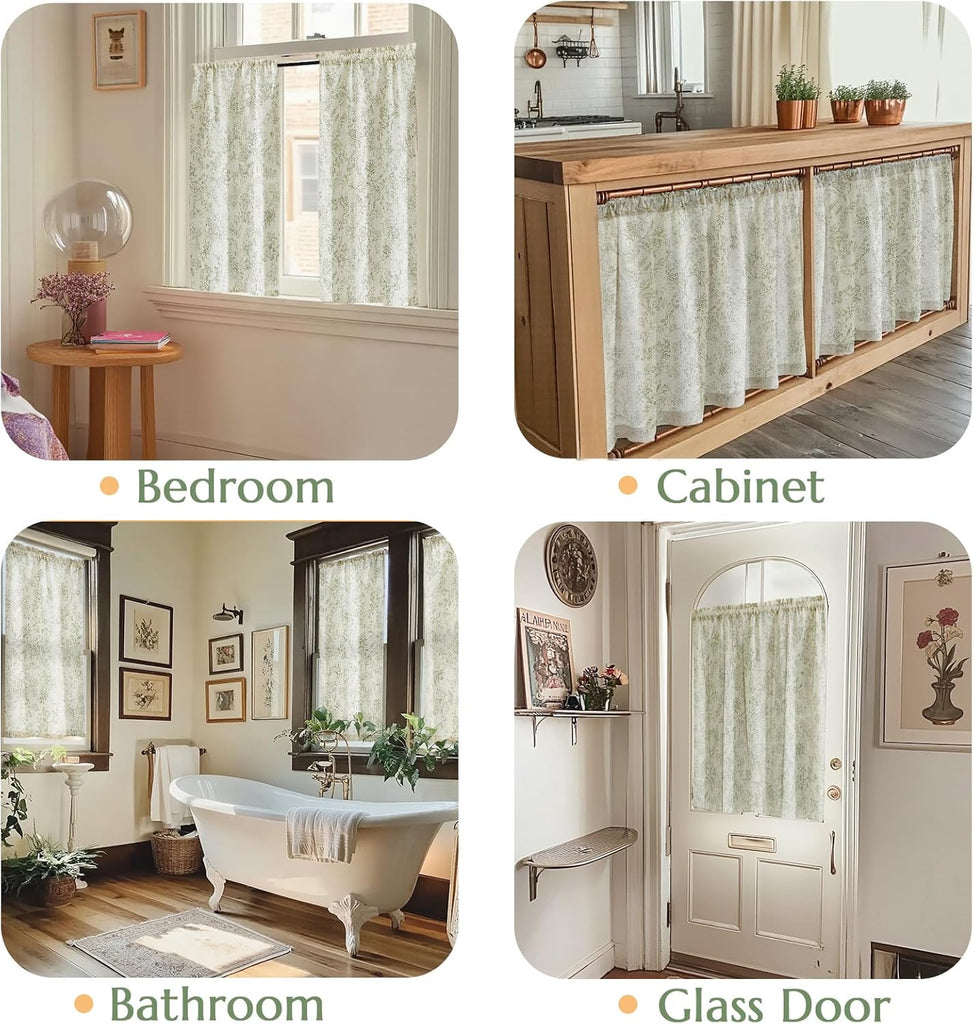 Floral Kitchen Curtains 36 Inch Long 2 Panels Sage Green on Beige | Linen Blend Fabric,Rod Pocket,Light Filtering