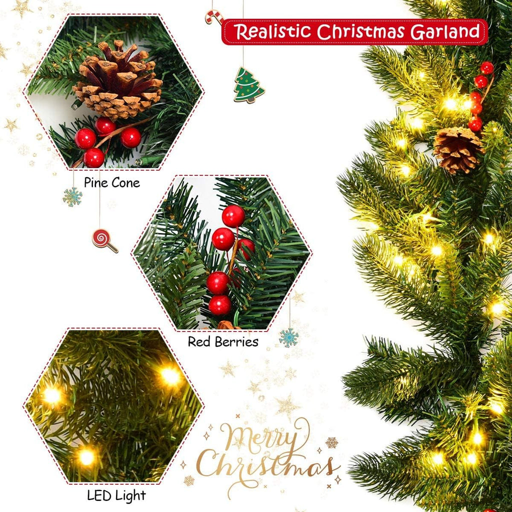 Prelit Artificial Pine Garland w/100 LED Lights, Pine Cones, Red Berries & Timer, Lighted Christmas Garland