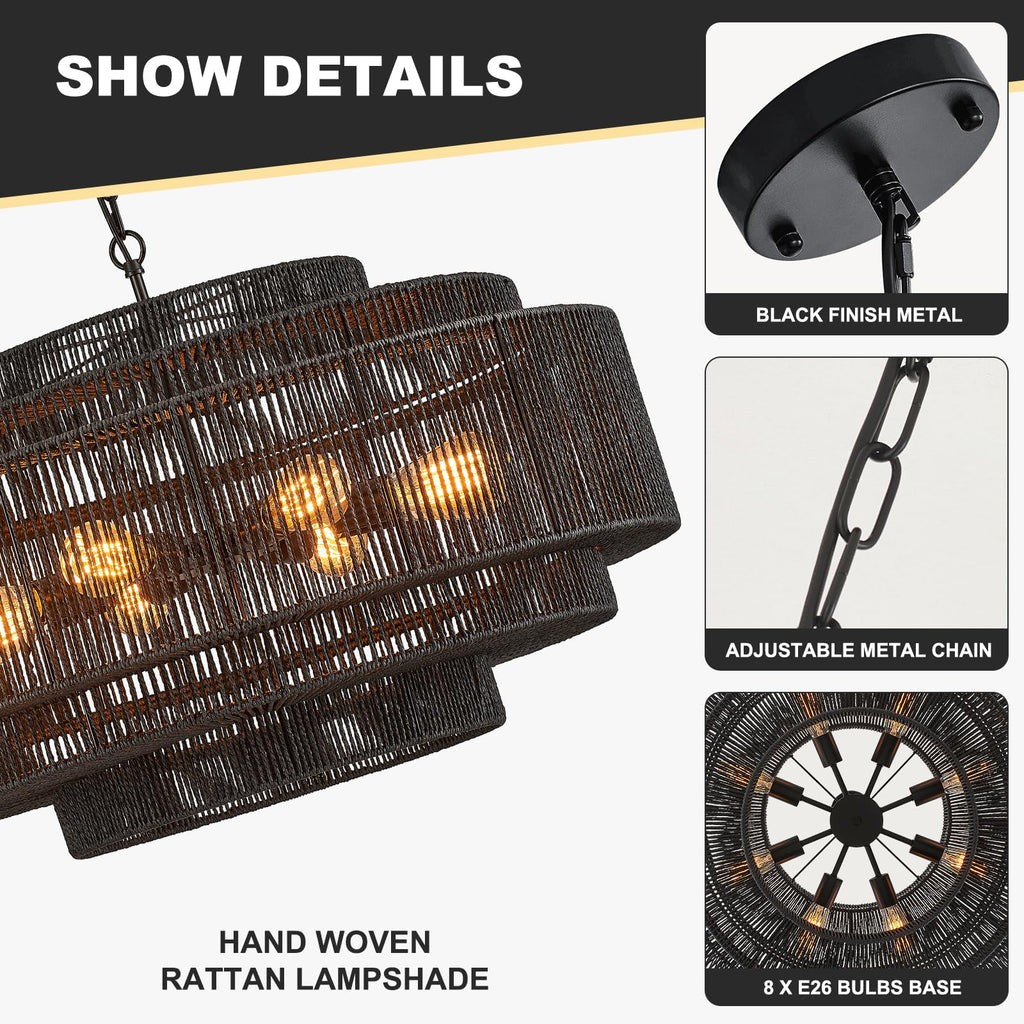 31.5" Large Black Rattan Chandelier, 8-Light Drum Light Fixture