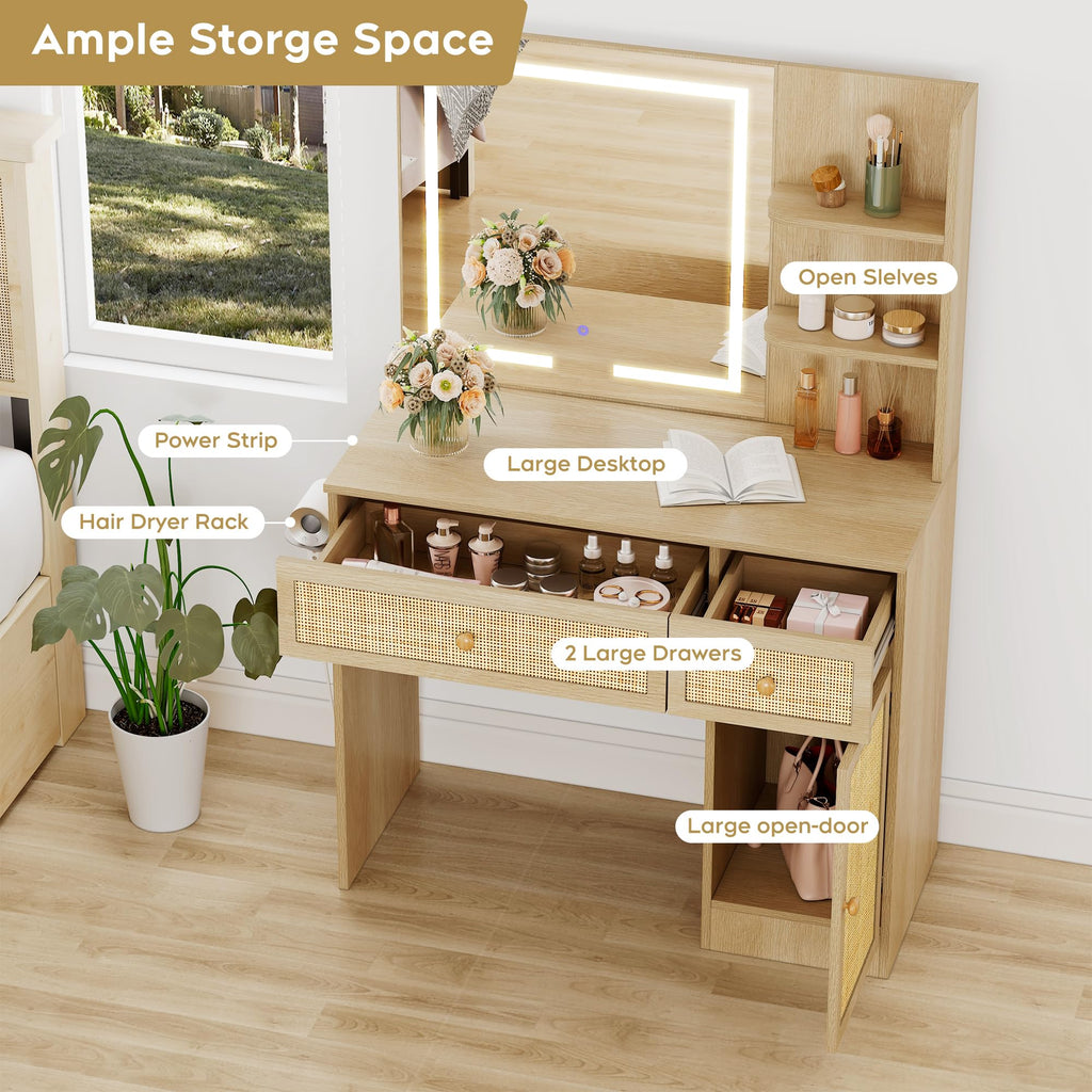 Rattan Vanity Desk with LED Lighted Mirror and Stool