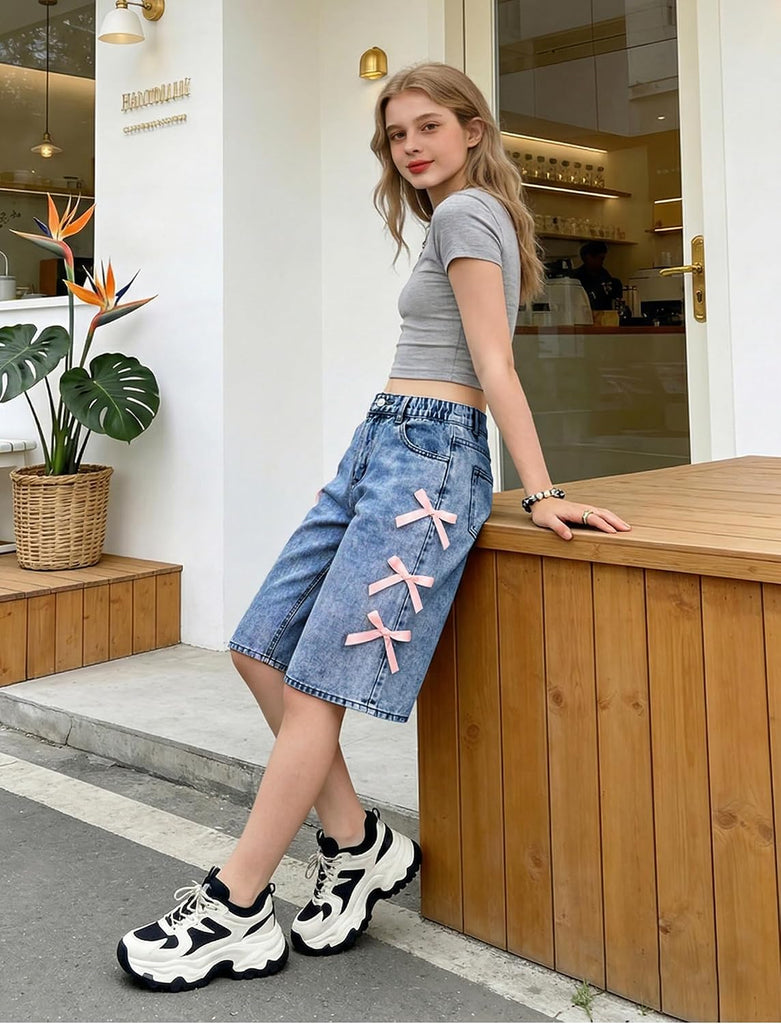 Girls Jean Shorts Baggy Jorts Elastic Waist Denim Shorts