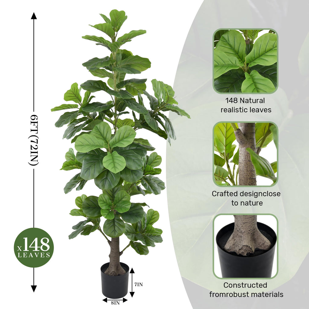 Artificial Fiddle Leaf Fig Tree 6FT(72in) Tall Faux Tree with Large Realistic Trunks and Big Leaves, Fake Floor