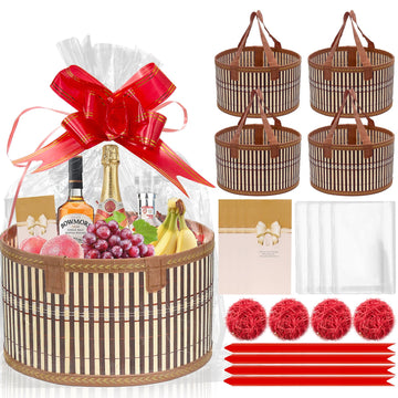 Baskets for Gifts Empty Set of 4, Bamboo Woven Gift Basket with Wrap Bags, Pull Bows, Raffia, Greeting Cards - Gift