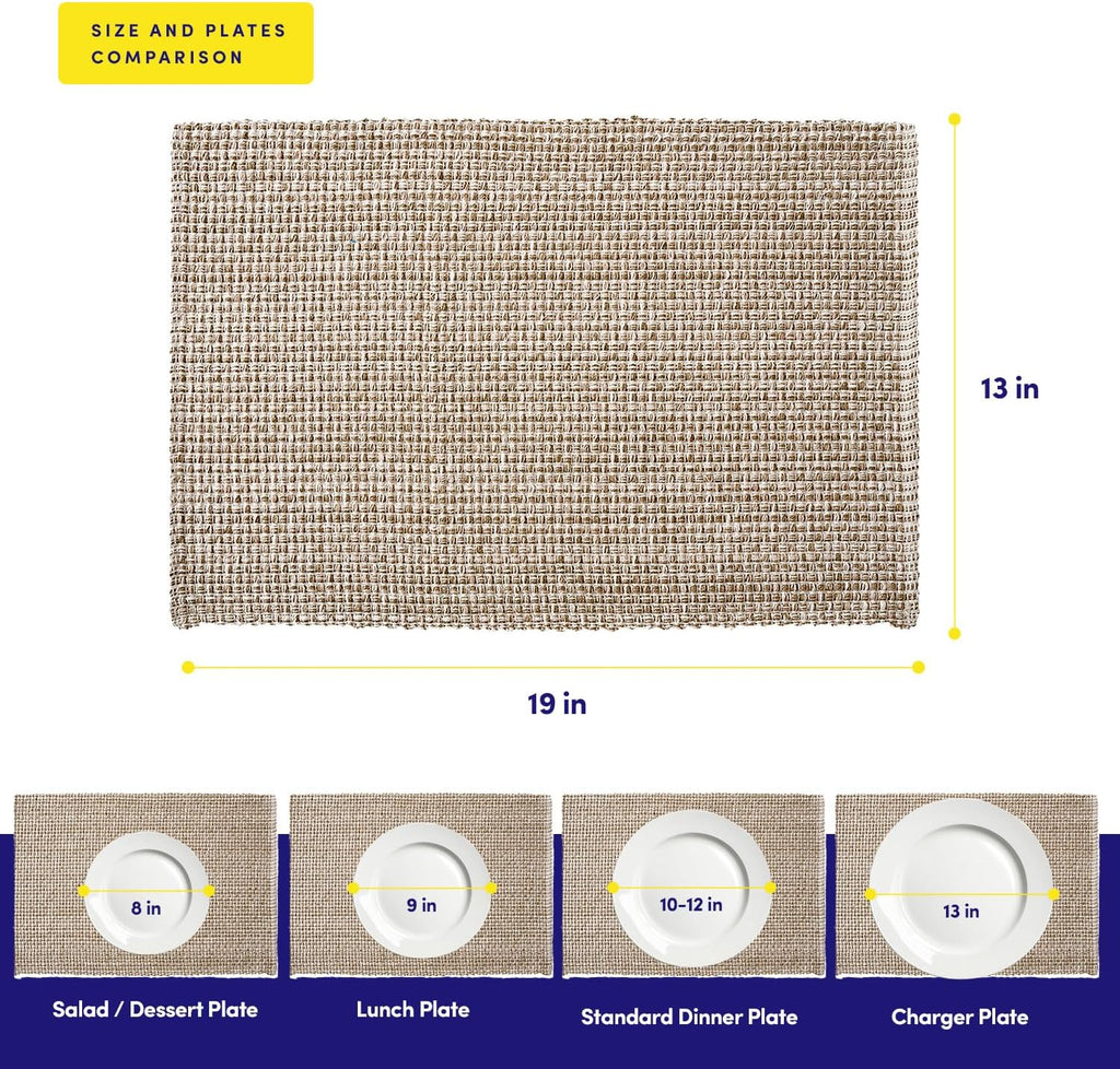 100% Cotton Placemats Rectangle Two Tone Woven Fabric 13" x 19" Soft Durable Table Mat Set, Eggshell - Set of 6