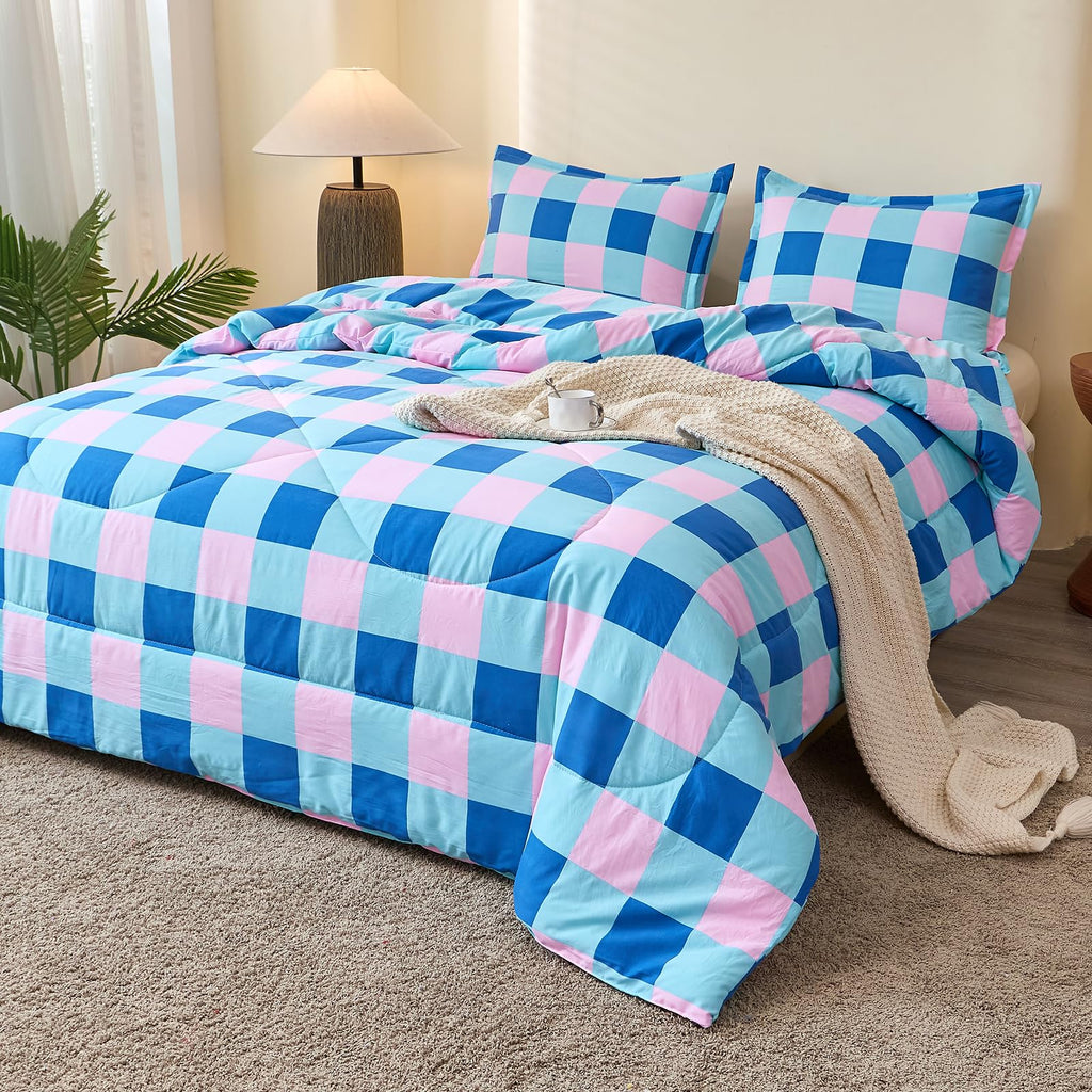Checkered Comforter Set, Blue and Pink Plaid Comforter Bedding Set, Grid Gingham Fluffy Comforter Home Decor