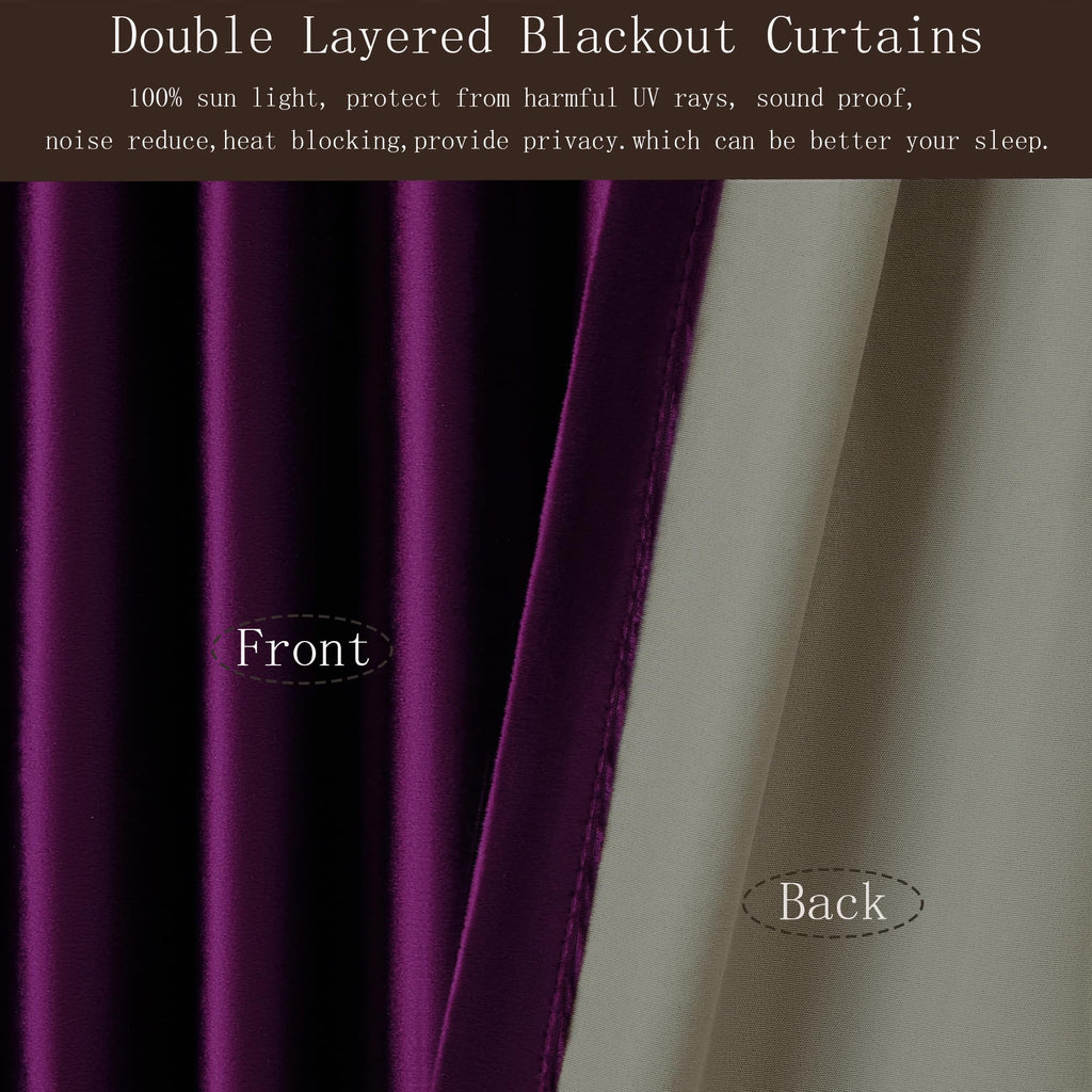 Full Blackout Purple Velvet Curtains 102 inch Long, 2 Panles Liner Rod Pocket Back Tab Thermal Window Curtains Room