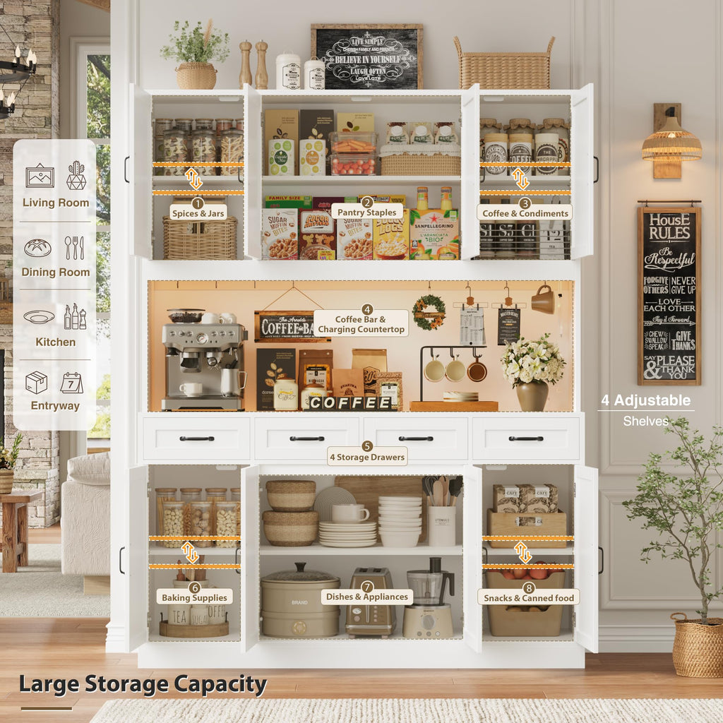 59" W Kitchen Pantry Storage Cabinet, 73" Large Hutch Cabinet, White