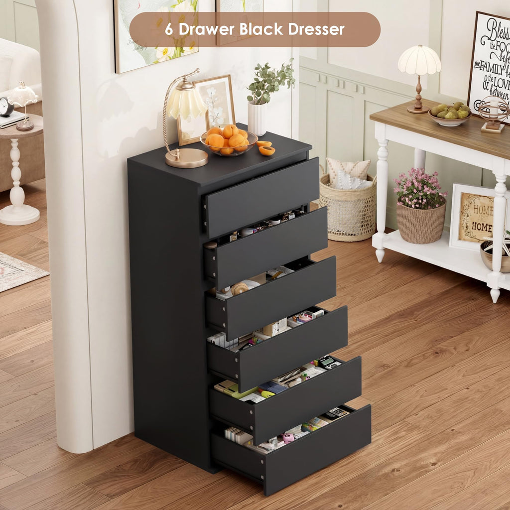 Black Dresser, 6 Drawer Dresser with Handleless Drawer Cabinet