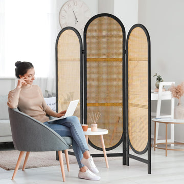 3 Panel Rattan Room Divider Screen, Boho Folding Privacy Screen