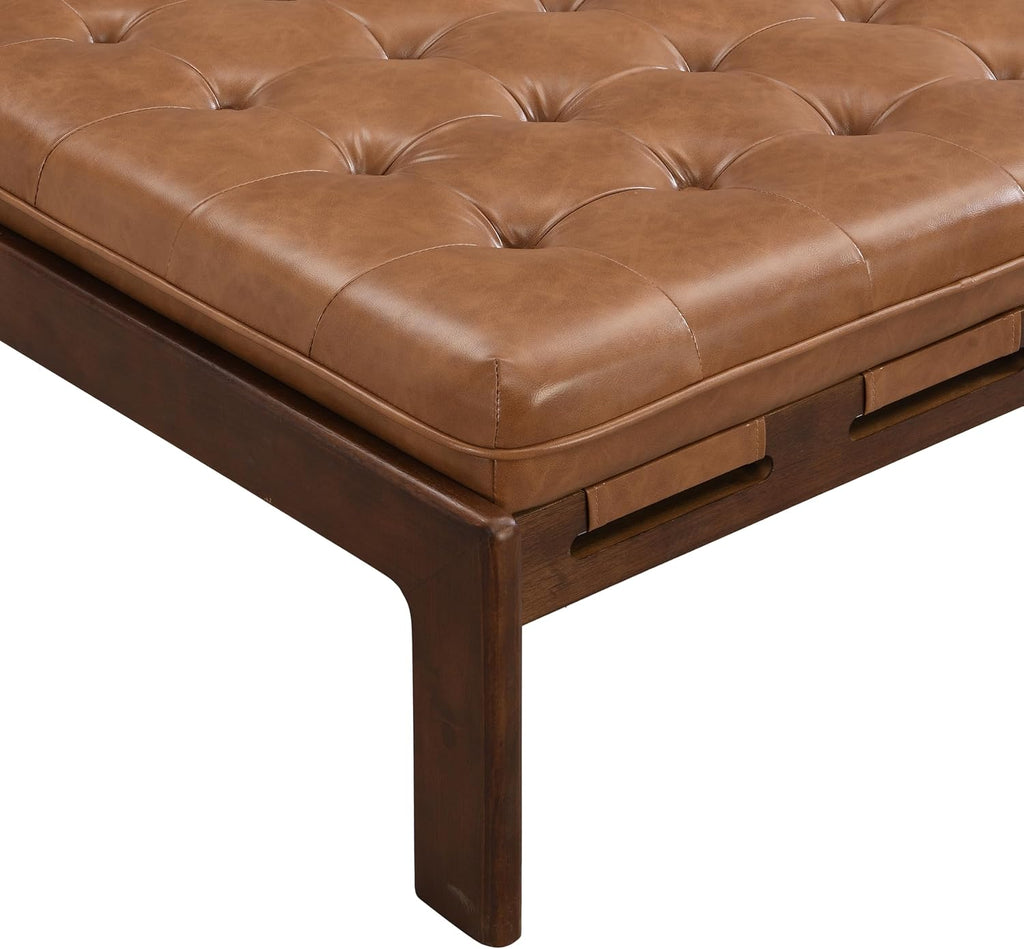 Yorick Modern Square Faux Leather Upholstered Living Room Cocktail Ottoman/Coffee Table, Rubberwood Frame, Tufted