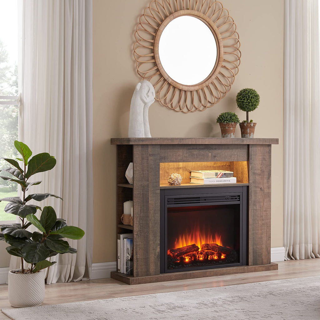 LegendFlame Barron Electric Fireplace with 43" Storage Shelf Mantel Surround and Jaden 23" Insert, Rustic Dark Oak