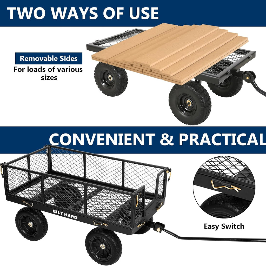 10" Flat Free Tires Heavy Duty Garden Cart with 180° Rotating Handle and Removable Sides, 4 Cu.Ft 880 lbs Capacity