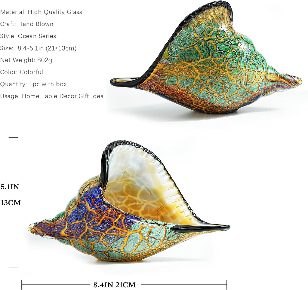 8.4" Glass Conch Figurines, Hand Blown Seashell Art Figurine