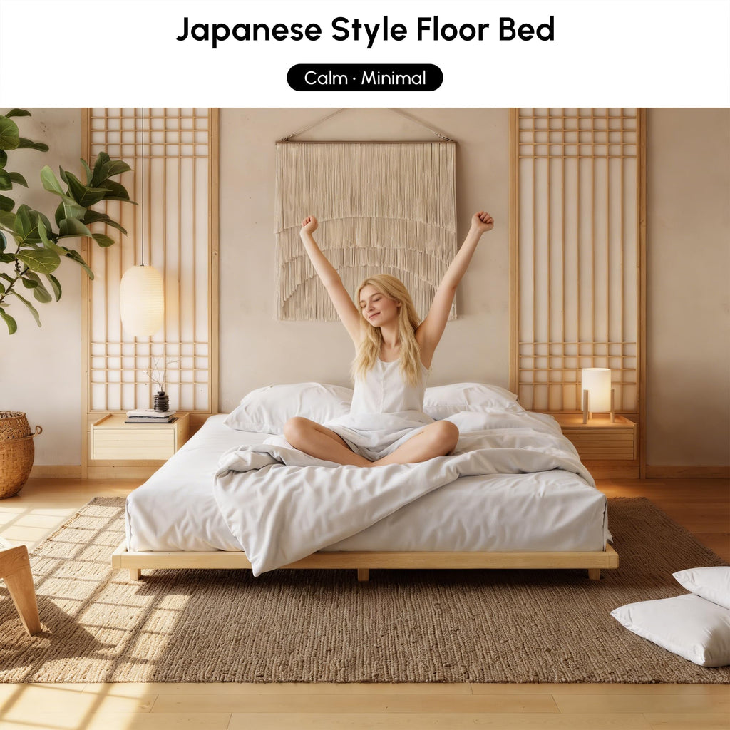 Japanese Tatami Bed Frame, King, 5.9-Inch, Solid Wood, Steel Slats