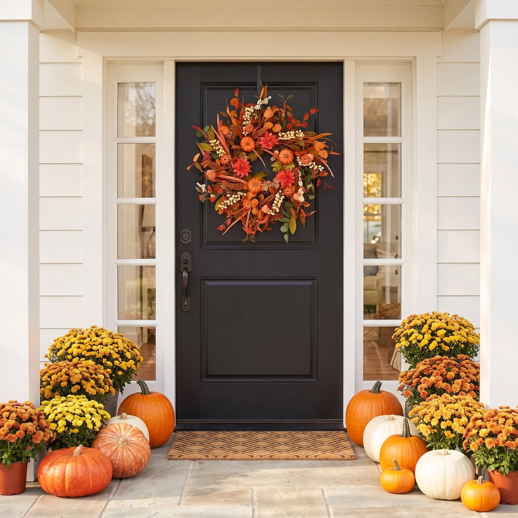 24 Inch Pumpkin Fall Wreath for Front Door with Berry & Mixed Leaves