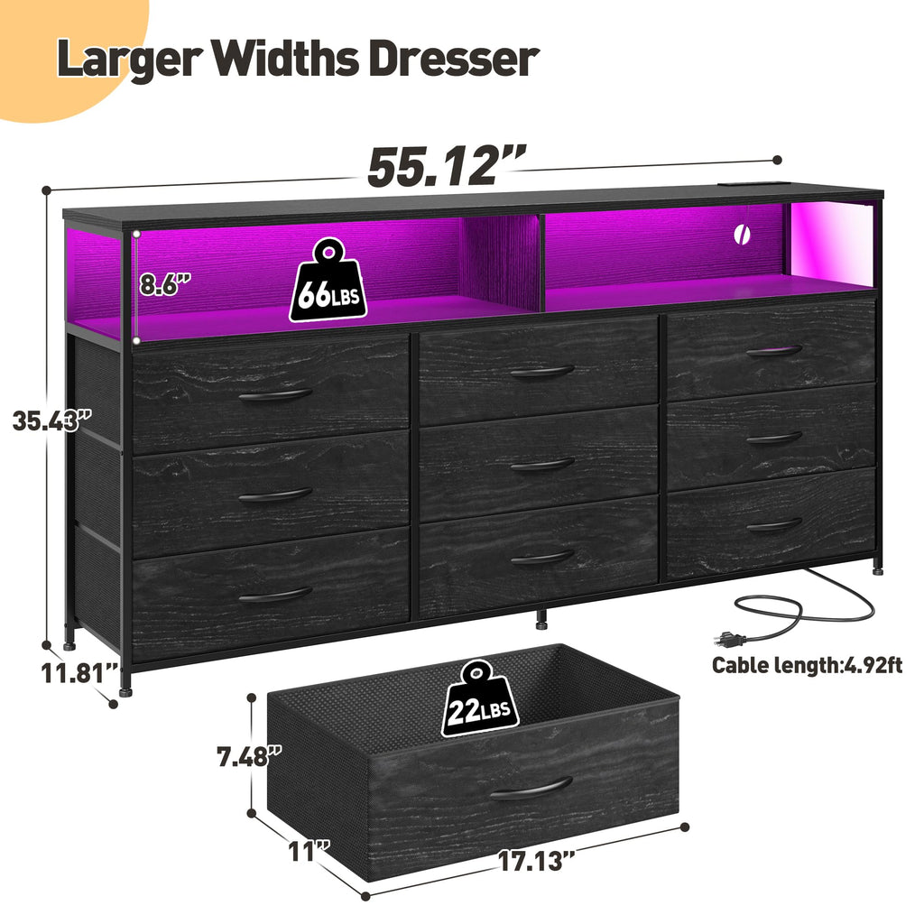 55" W Dresser with Charging Station & LED Light, Black