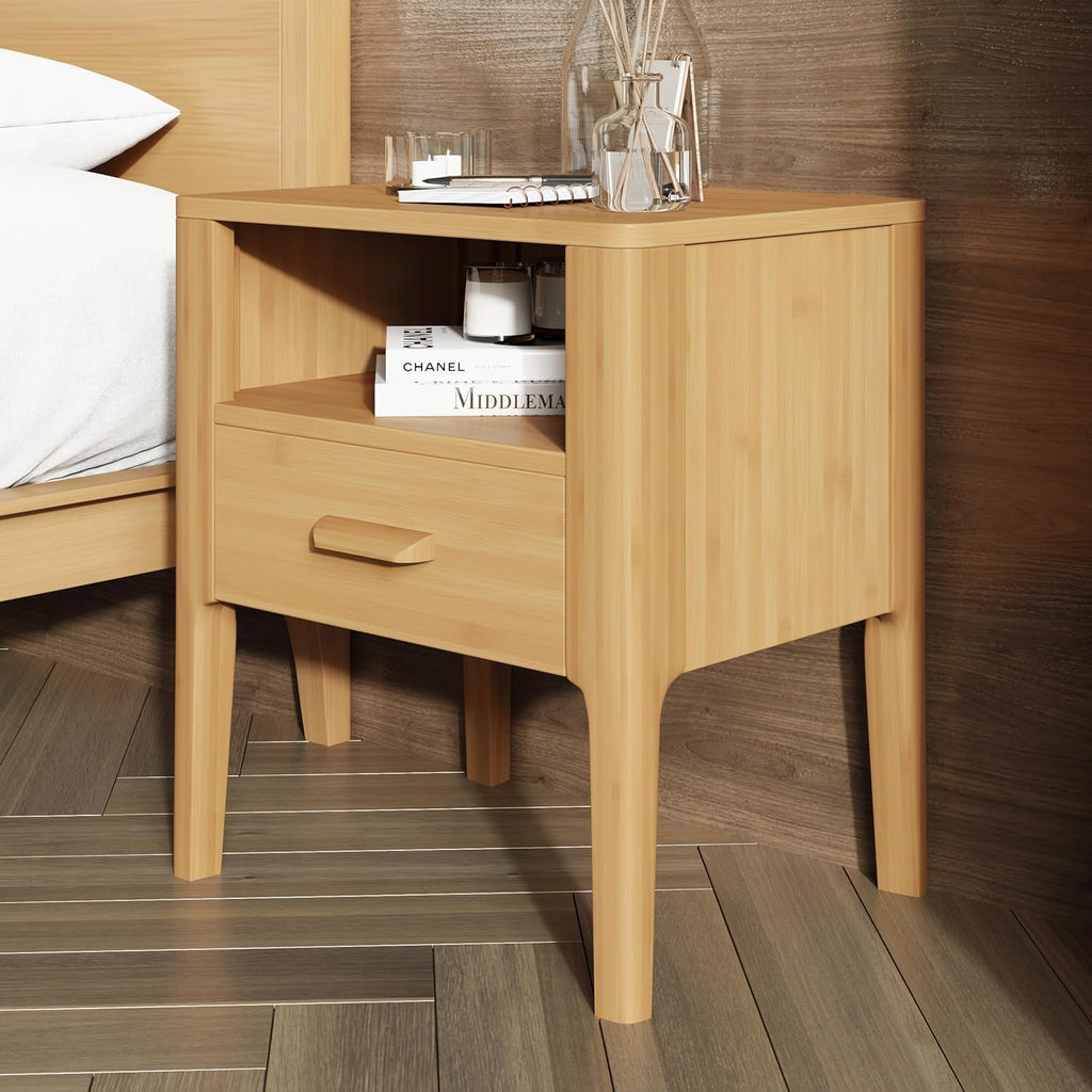 Bamboo Nightstands Set of 2 with Drawer & Shelf, Mid-Century Modern Solid Bedside Tables, Natural