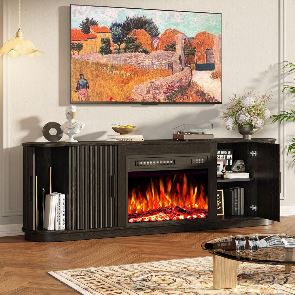 70" Fluted Fireplace TV Stand with 23" Electric Fireplace for TVs Up to 80", Entertainment Center with Sliding Door