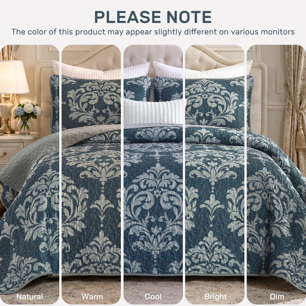 Quilt Bedding Set Navy Damask Bedspread Coverlet 3-Piece