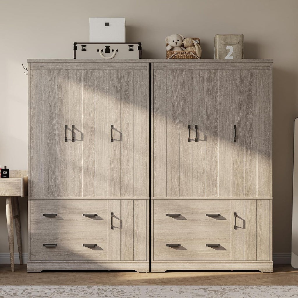 Wardrobe Closet, 70" Tall 4 Doors Large Wooden Closet with 2 Drawers, 3 Shelves Bedroom Armoire with Hanging Rod