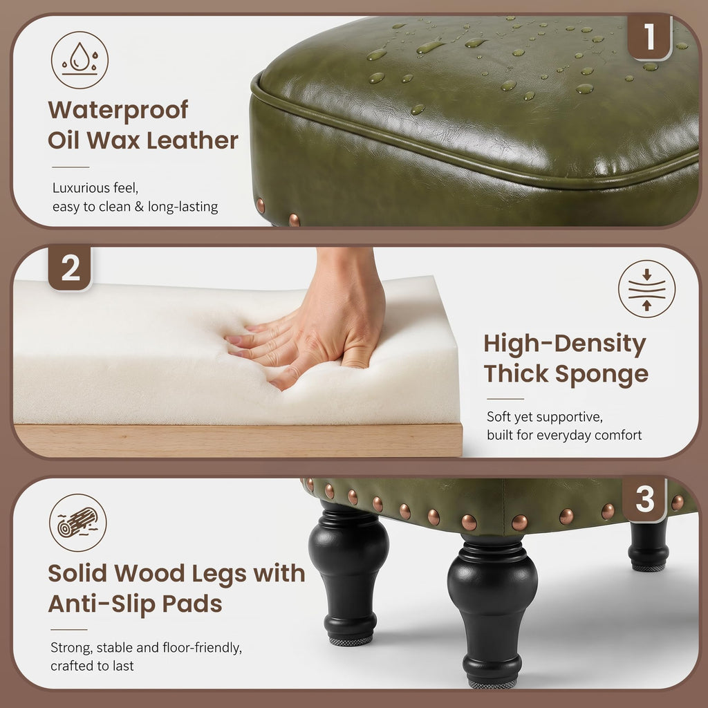 Ottoman Leather Footrest, Vintage Footstool with Hidden Storage, Thickened Foam Upholstered Seat, Solid Beechwood