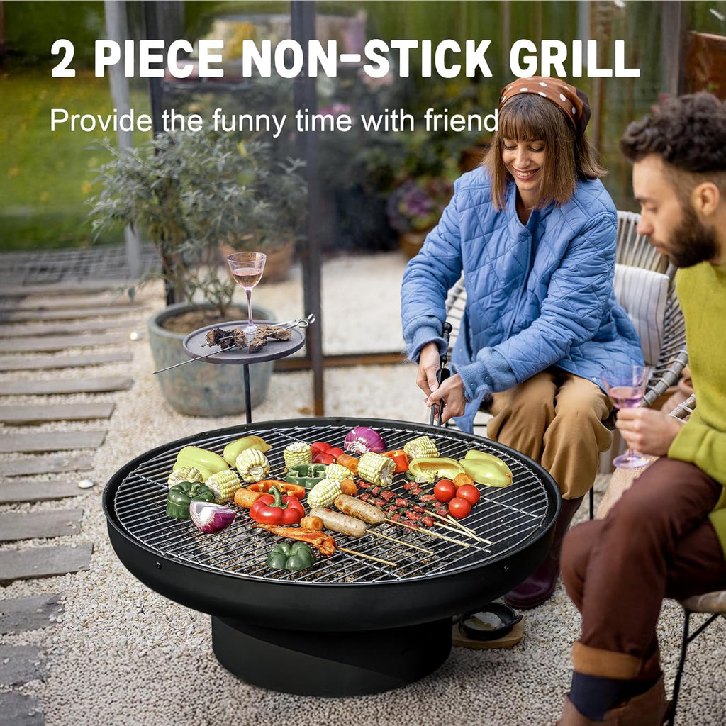 32in Fire Pit Table with Lid,Heavy Duty and Deep Fire Bowl,Outdoor Wood Burning BBQ Grill Firepit Bowl with Cover Lid