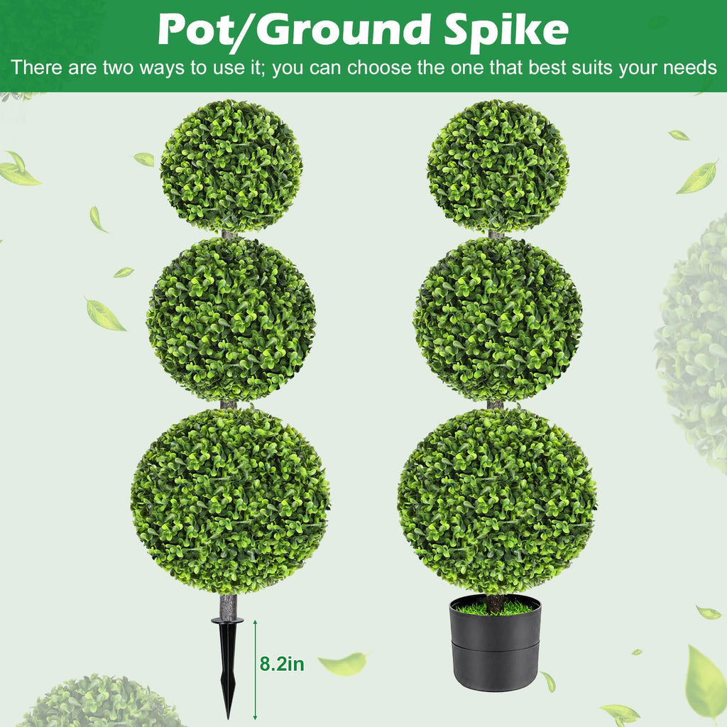 3FT Realistic Artificial Boxwood Triple Ball Topiary Tree with Pot/Ground Stake, UV-Resistant Faux Topiary Plant