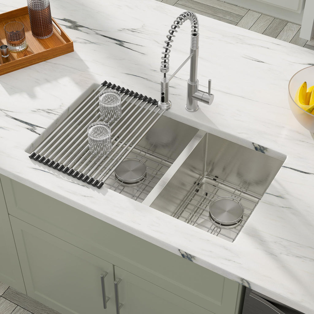 33 Inch Undermount Double Bowl Kitchen Sink 60/40 Split 16 Gauge 304 Stainless Steel Large Double Sinks, 33"x19"x10