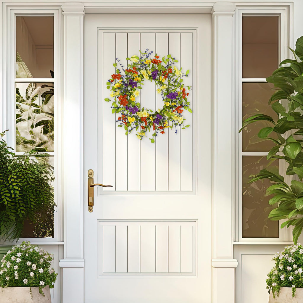 20" Spring Summer Wreaths for Front Door, Artificial Floral Wreath with Colorful Wild Flowers Dicotyledons Berries